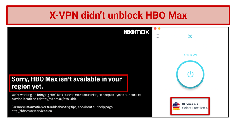 screenshot showing X-VPN didn't unblock HBO Max