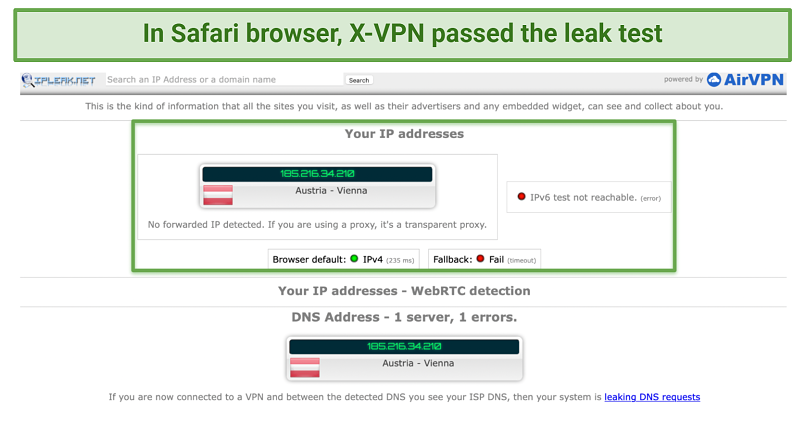 Screenshot showing X-VPN passed the leak test using Safari