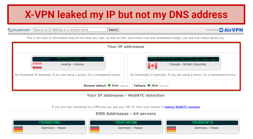 Screenshot showing X-VPN leaked my IP address