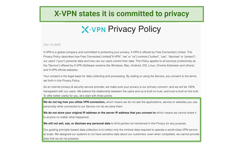 Screenshot showing X-VPN privacy policy