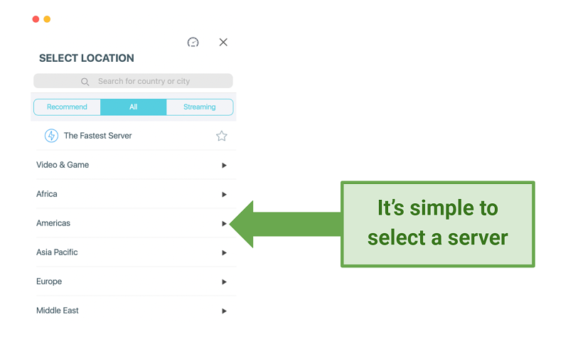 Screenshot showing X-VPN server selection