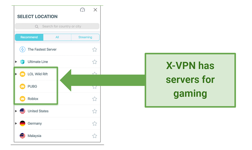 Screenshot showing X-VPN gaming servers