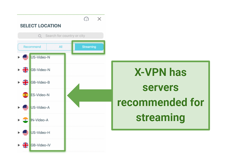 screenshot showing X-VPN servers for streaming