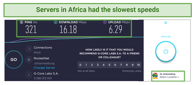 Screenshot showing X-VPN Africa servers with slow speeds