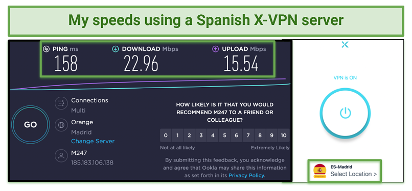 Screenshot showing X-VPN speeds using a Spanish server