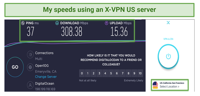 Screenshot showing X-VPN speeds using a US server