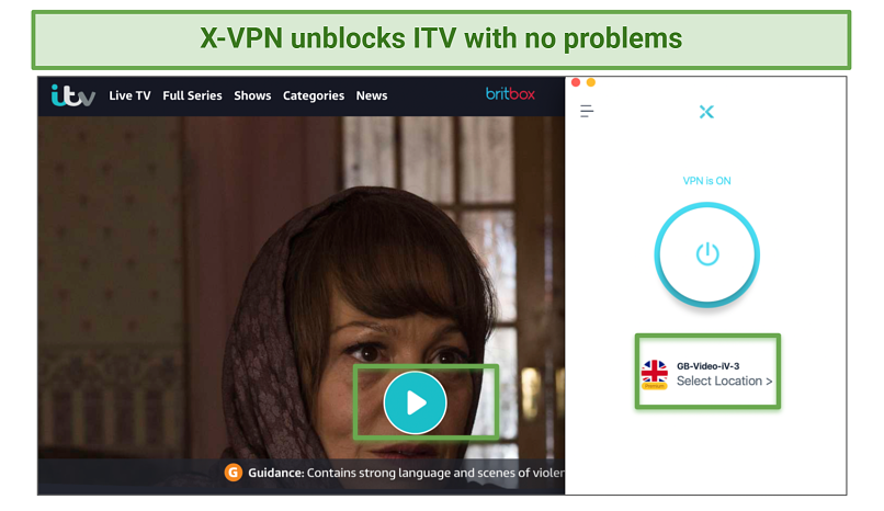 Screenshot showing X-VPN unblocked ITV