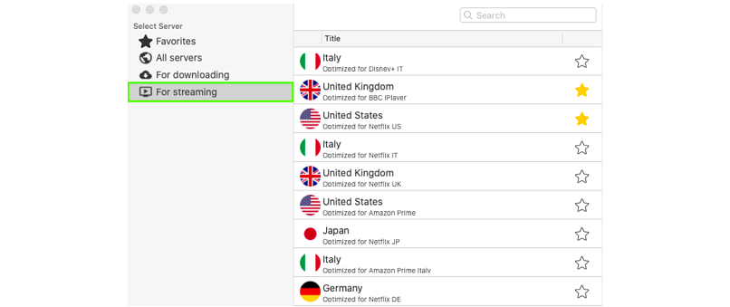 A screenshot of ZenMate's app with the list of servers optimized for streaming