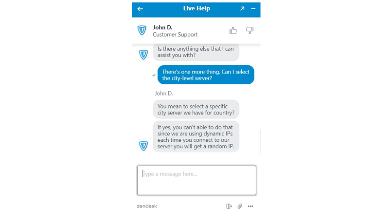 A screenshot of my conversation with ZenMate support about selecting city-level servers