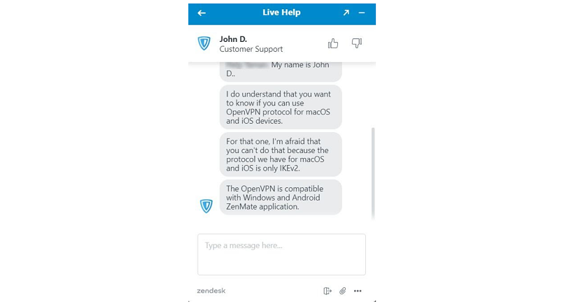 A screenshot of my conversation with ZenMate support about OpenVPN protocol