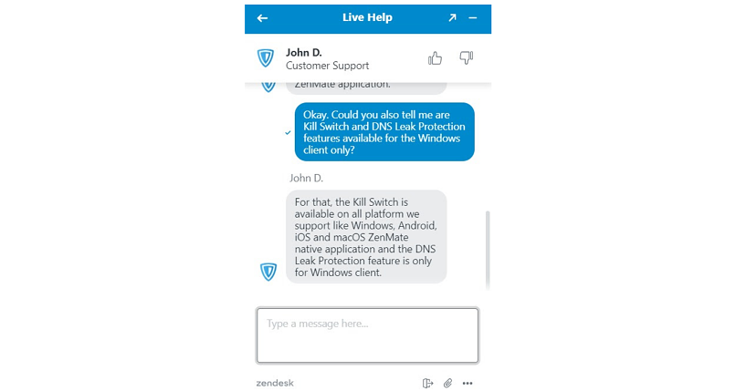 A screenshot of my conversation with ZenMate support about the kill switch