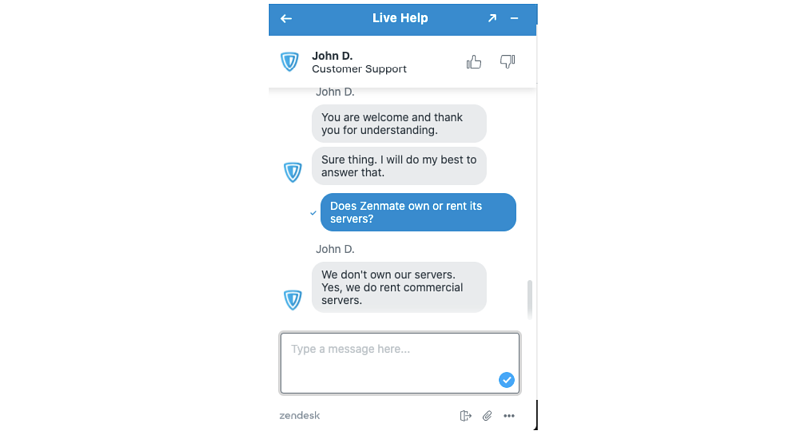 A screenshot of my conversation with ZenMate support about servers