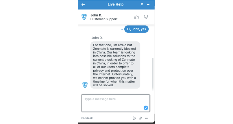 A screenshot of my conversation with ZenMate support about China