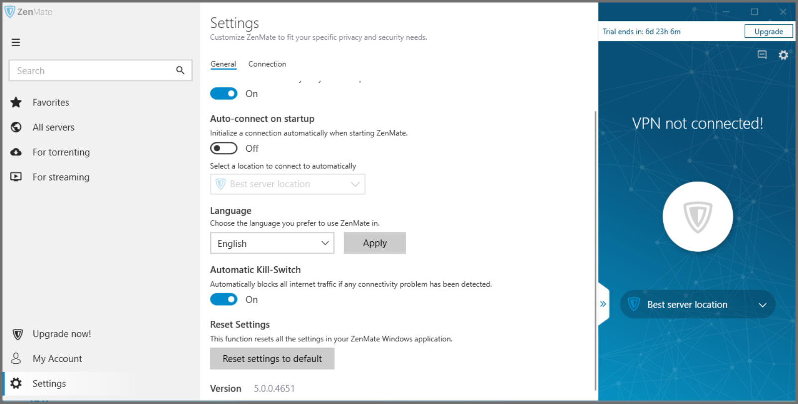 Settings interface