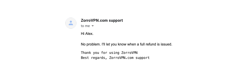 A screenshot of ZorroVPN's customer support.