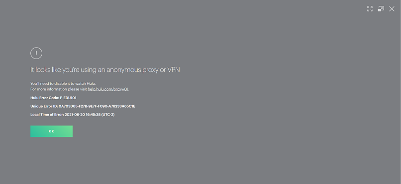 A screenshot of Hulu detecting ZorroVPN