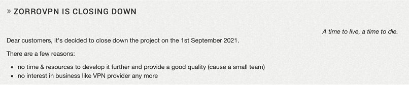 A screenshot of ZorroVPN's closing down message.