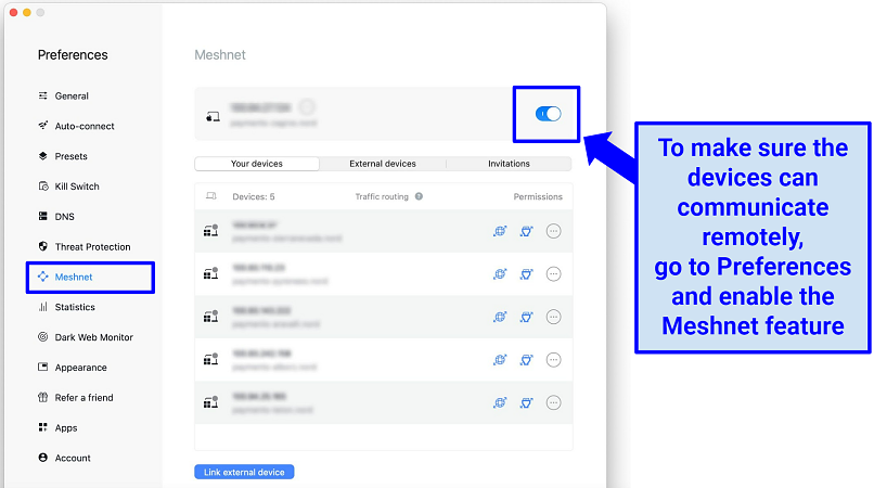 Screenshot of NordVPN's app showing how to enable the Meshnet feature within the Preferences tab