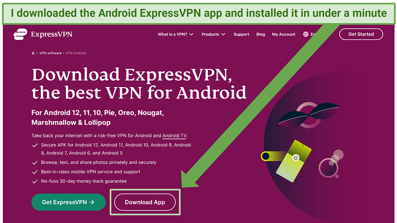เว็บไซต์ ExpressVPN แสดงวิธีดาวน์โหลดแอพสำหรับ Android