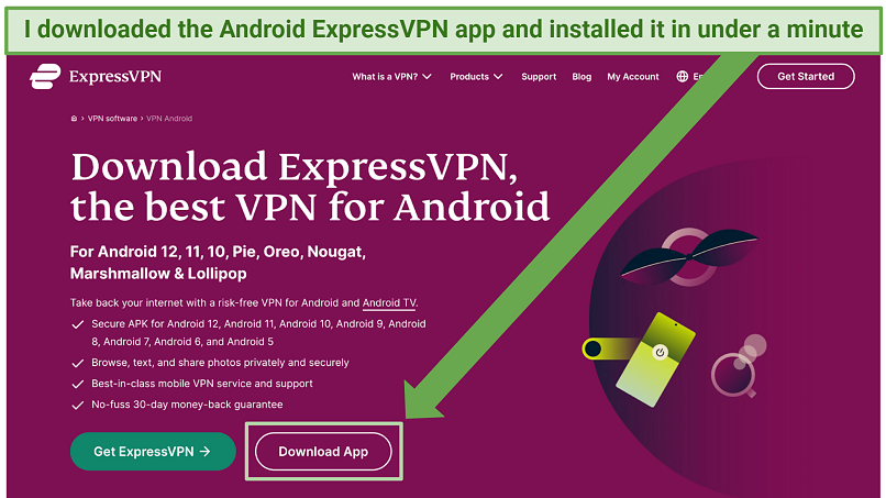 Ο ιστότοπος ExpressVPN που δείχνει τον τρόπο λήψης της εφαρμογής για το Android