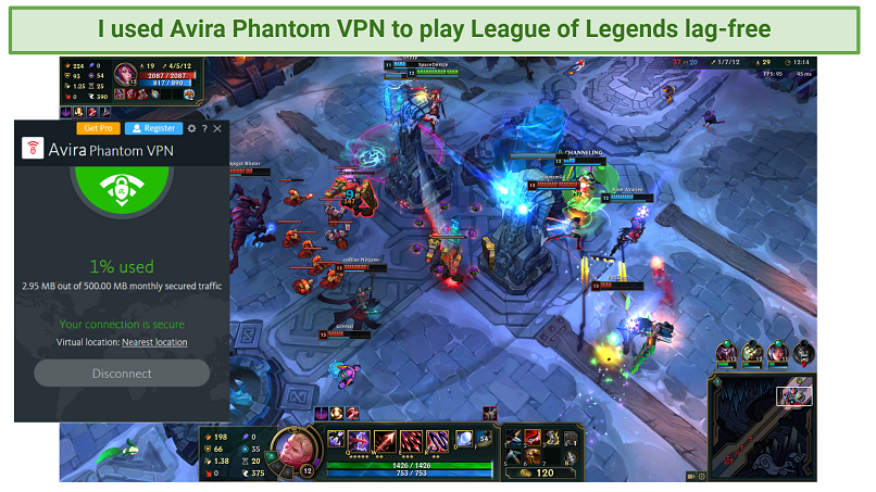 A screenshot showing someone playing League of Legends while connected an an Avira Phantom VPN server
