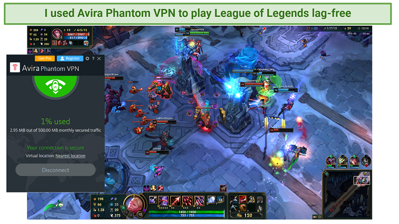 Screenshot of Avira Phantom VPN working with League of Legends