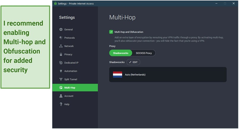 Screenshot of PIA's security settings on its Windows app