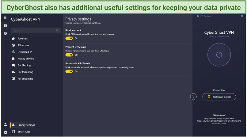 Screenshot of CyberGhost's privacy settings in its Windows app