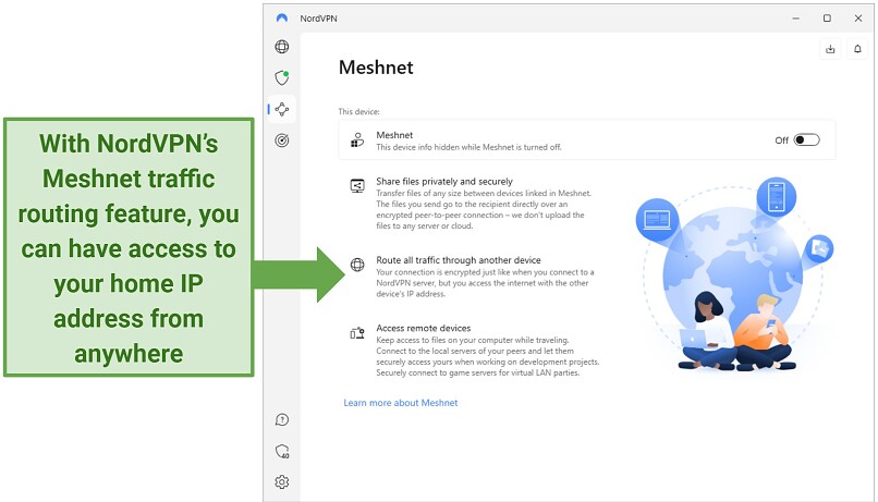 Screenshot of NordVPN's Meshnet options in its Windows app