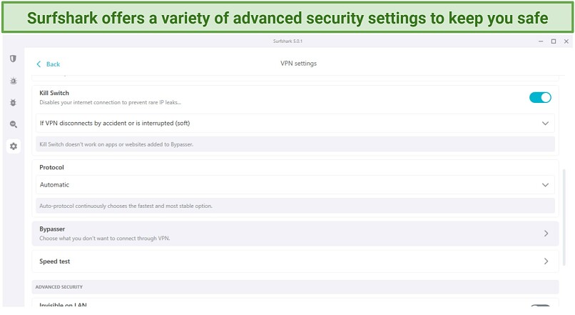 Screenshot of Surfshark's security settings on its Windows app