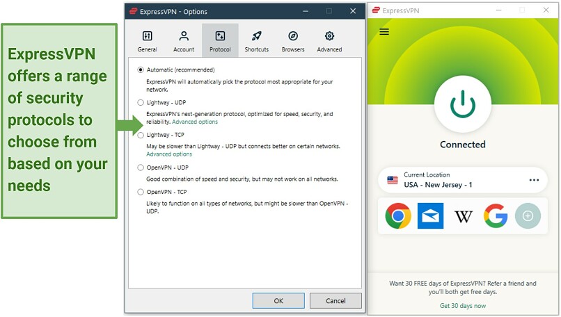 Screenshot of ExpressVPN's protocol settings in its Windows app