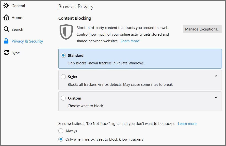 Privacidade do navegador Firefox