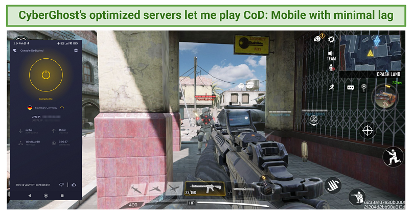 A screenshot of someone playing Call of Duty: Mobile while connected to a CyberGhost server in Germany