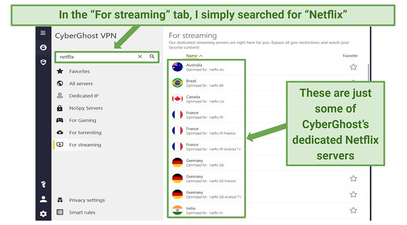 Screenshot displaying a list of CyberGhost's Netflix-optimized servers