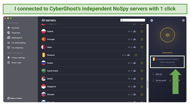 Screenshot of the CyberGhost app connected to independently-managed NoSpy servers in Bucharest, Romania
