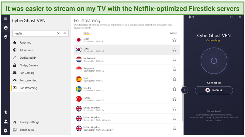 Screenshot of CyberGhost app highlighting the streaming-optimized servers for Netflix 