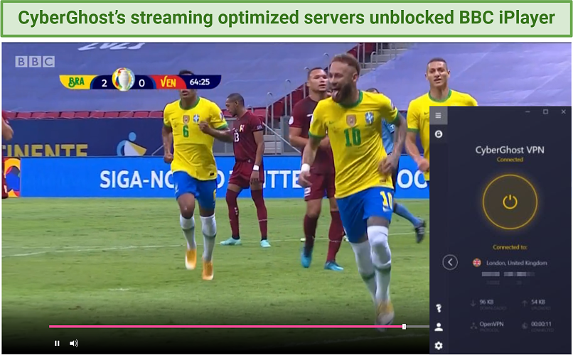 Screenshot showing Copa America streaming on BBC iPlayer after connecting to a UK CyberGhost server