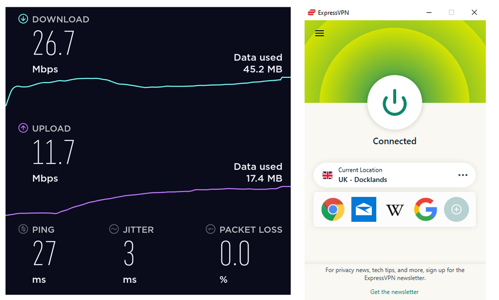 Screenshot of ExpressVPN's speed tests in the UK