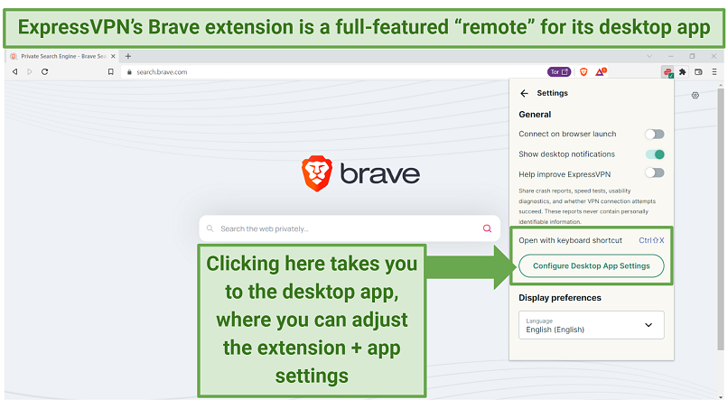 ExpressVPN's Brave browser extension displaying where you can click to configure the app settings