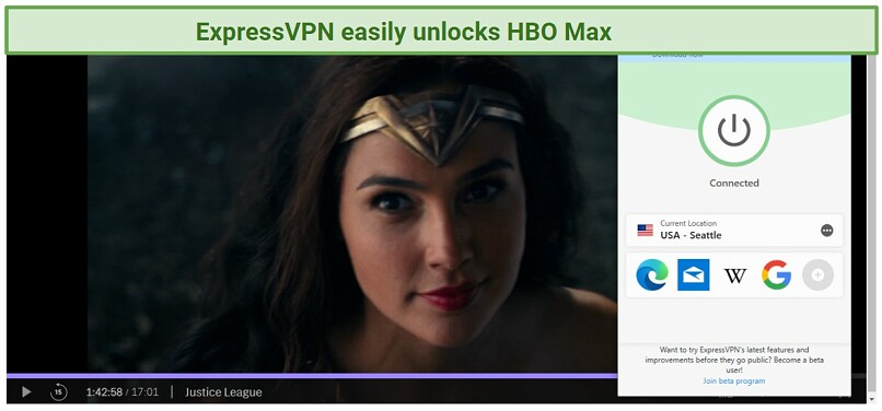 screenshot of Justice League streaming in HBO Max player unblocked with ExpressVPN