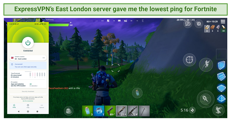 A screenshot of someone playing Fortnite while connected to an ExpressVPN server in East London, UK