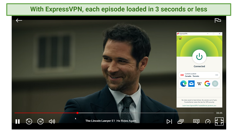 Screenshot of The Lincoln Lawyer streaming on Netflix Canada with ExpressVPN connected