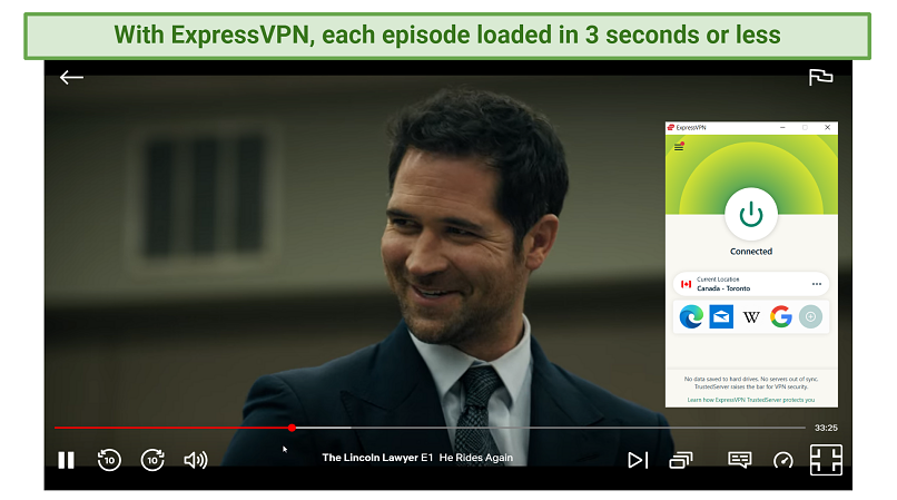 ExpressVPN Connected와 Netflix Canada 스트리밍 링컨 변호사 스크린 샷