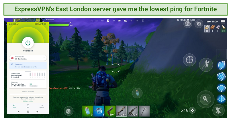 Screenshot of Fortnite gameplay while connected to ExpressVPN