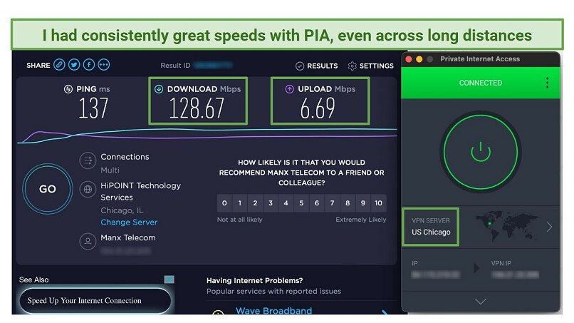 A screenshot of a speed test result while using Private Internet Access' US Chicago server