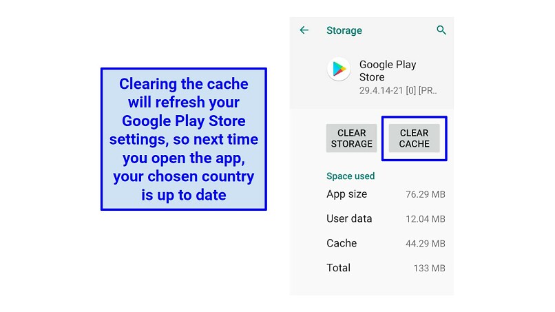 A screenshot of how to clear the Google Play Store cache inside of an Android phone