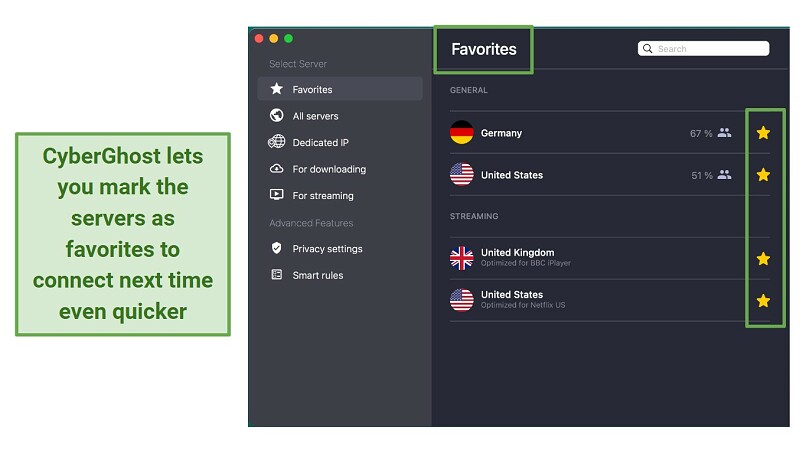 A screenshot of CyberGhost's Favorites feature allowing you to make a list of your most commonly used servers