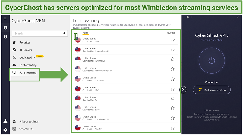 Screenshot of CyberGhost's Windows interface showing streaming optimized servers for watching Wimbledon