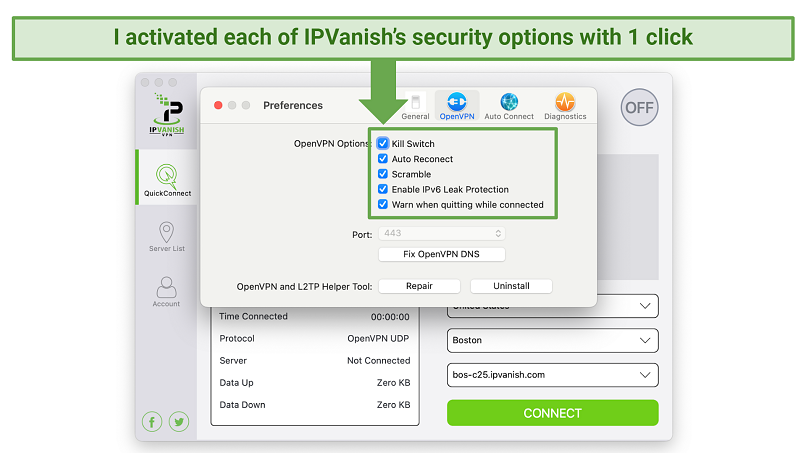 Screenshot showing the security settings on the IPVanish Preferences panel