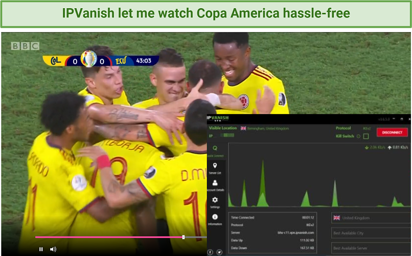 Screenshot showing Copa America streaming on BBC iPlayer after connecting to a UK IPVanish server